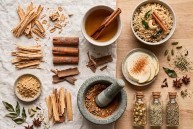 Ceylon Cinnamon quills and powder with spiced tea, Sri Lankan rice, custard and whole spices arranged in a rustic flat lay.