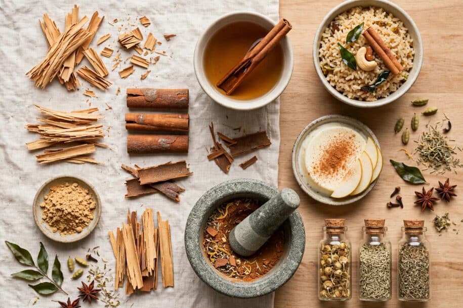Ceylon Cinnamon quills and powder with spiced tea, Sri Lankan rice, custard and whole spices arranged in a rustic flat lay.