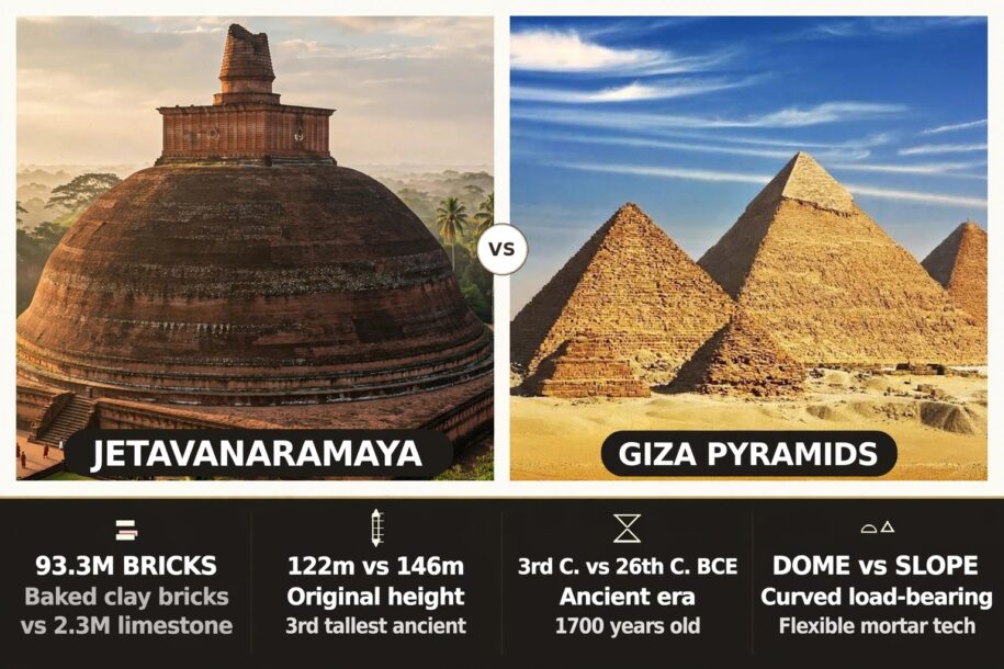 Jetavanaramaya Stupa in Anuradhapura vs the Giza Pyramids, comparing 93.3M bricks, 122m height and dome vs slope design.
