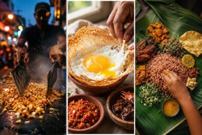 Sri Lankan food: kottu roti chopped on a street griddle, an egg hopper with pol sambol, and rice and curry on a banana leaf.