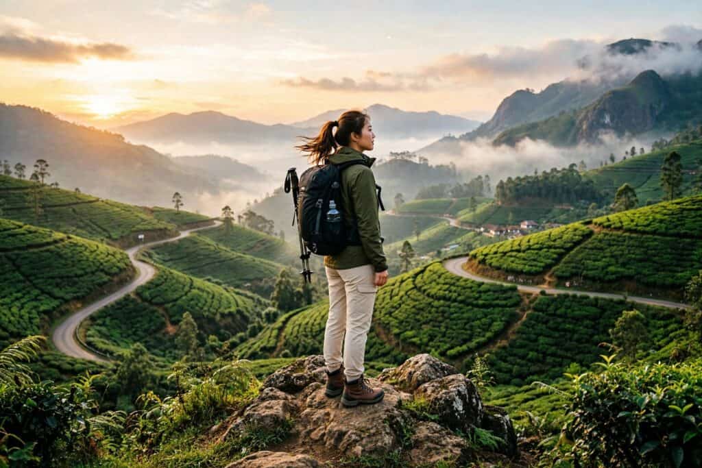 Solo female traveler with a backpack overlooking misty tea plantations in Sri Lanka, representing the freedom of FIT Travel Sri Lanka and independent tours.