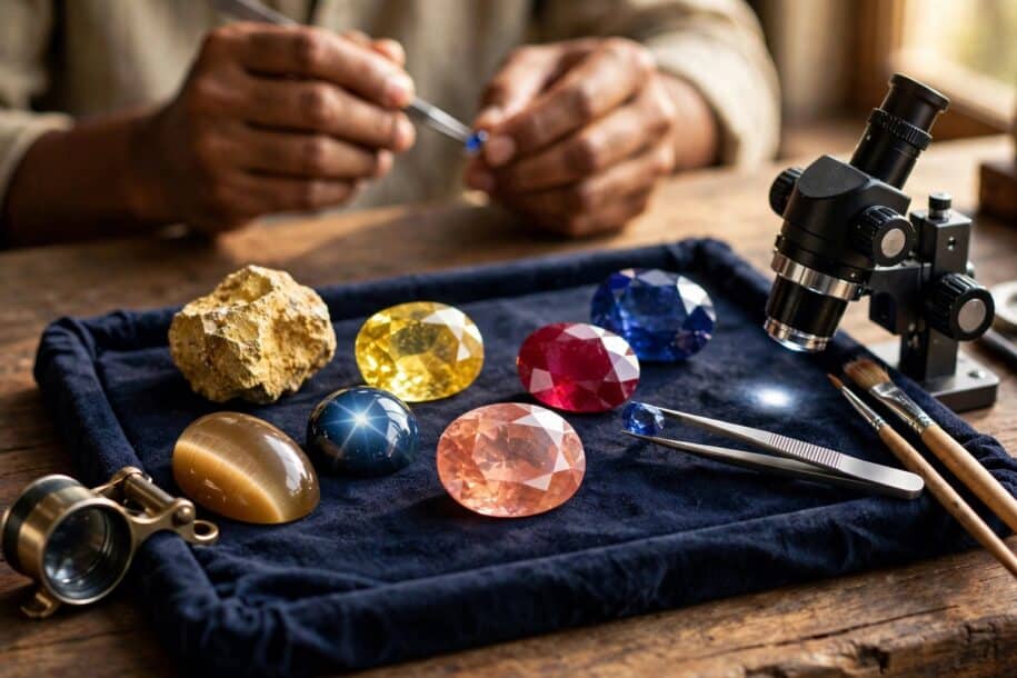 Sri Lanka gems on a velvet tray: Ceylon blue sapphire, ruby, padparadscha, star sapphire, cat's eye, loupe and microscope.