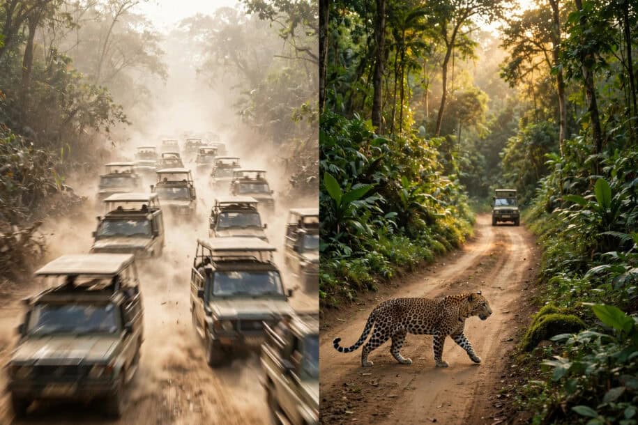 Split Sri Lanka safari image showing past jeep congestion beside a calm ethical game drive with a leopard crossing the trail