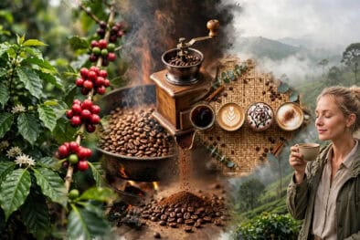 Sri Lankan coffee cherries, a hand grinder, fresh brews and a traveller sipping a cup before misty highland hills.