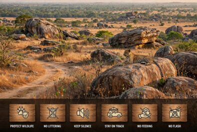A leopard resting on a rock in the Yala National Park Blocks, with a banner below showing essential safari rules like no littering, keep silence, and no flash.