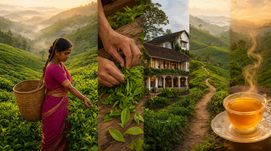 A visual collage highlighting tea plantation tours in Sri Lanka, showcasing misty Ceylon tea estates, local workers plucking leaves, factory processing, and heritage bungalow stays.